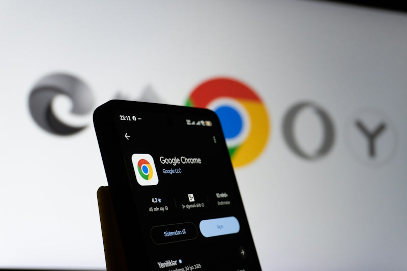 Smartphone displaying google chrome app with logo background